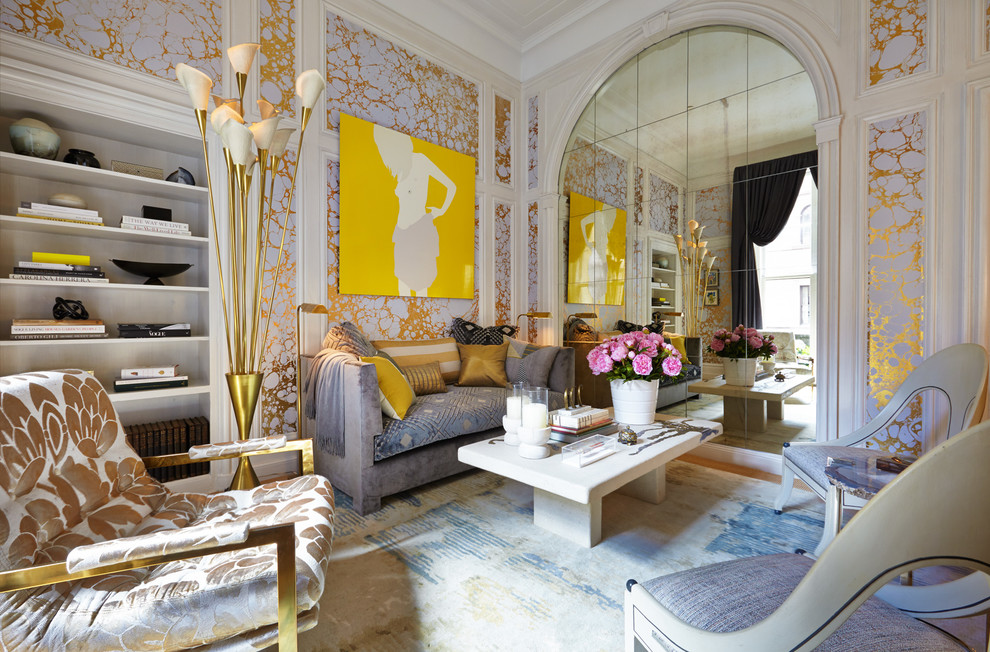 Esempio di un soggiorno design con sala formale e pareti multicolore