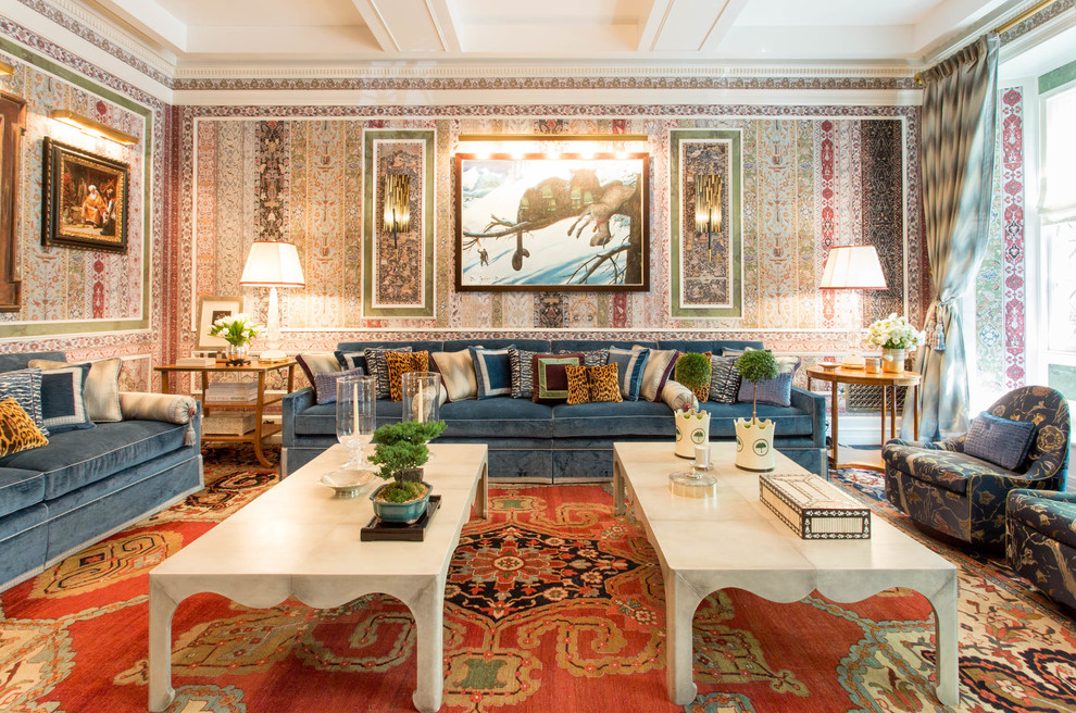 Inspiration for an eclectic formal living room remodel in New York with multicolored walls