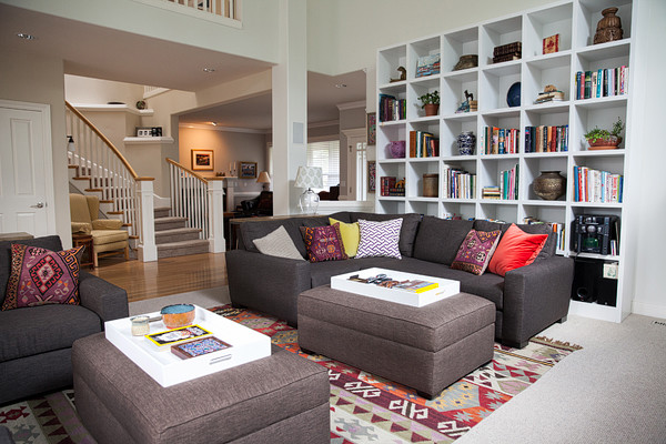 Medium sized eclectic open plan living room in Other with white walls and carpet.