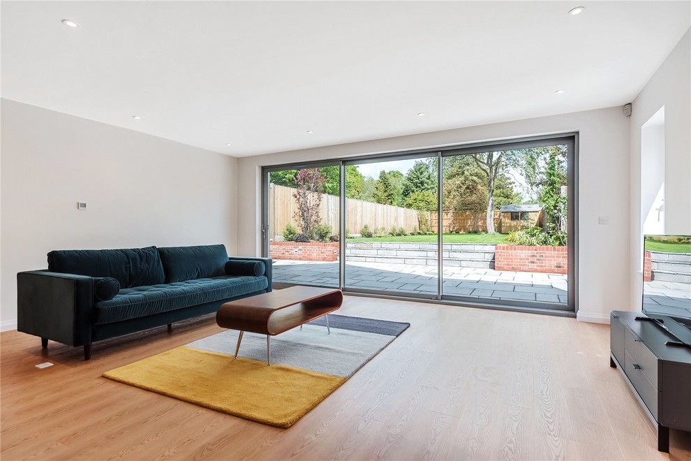 Esempio di un grande soggiorno minimal aperto con sala formale, pareti bianche, pavimento in legno massello medio, parete attrezzata e pavimento multicolore
