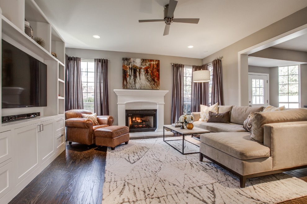 Design ideas for a traditional living room in Dallas with grey walls.
