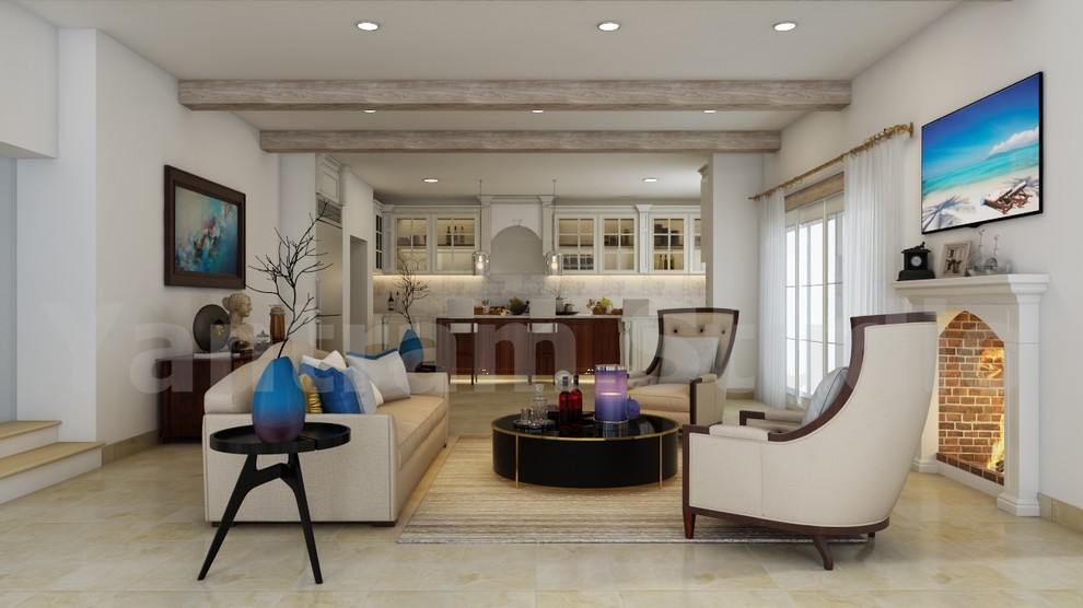 Example of a mid-sized classic limestone floor living room design in New York