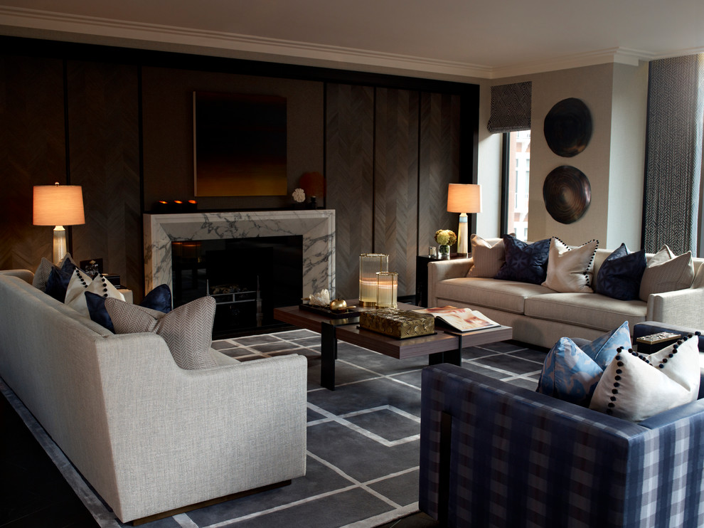 Inspiration for a medium sized contemporary formal open plan living room in London with grey walls, dark hardwood flooring, a standard fireplace, a stone fireplace surround, a concealed tv and brown floors.