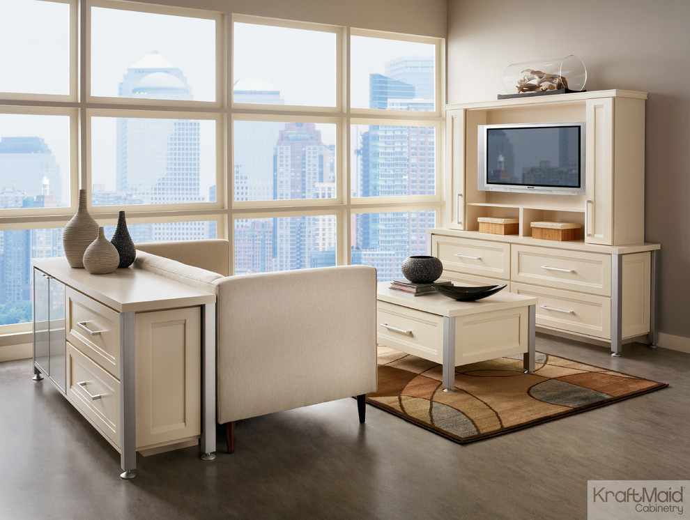 Inspiration for a small transitional open concept light wood floor living room remodel in Detroit with beige walls, no fireplace and a tv stand