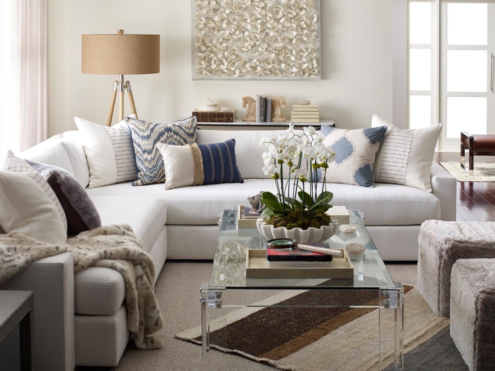 Example of a transitional living room design in San Diego
