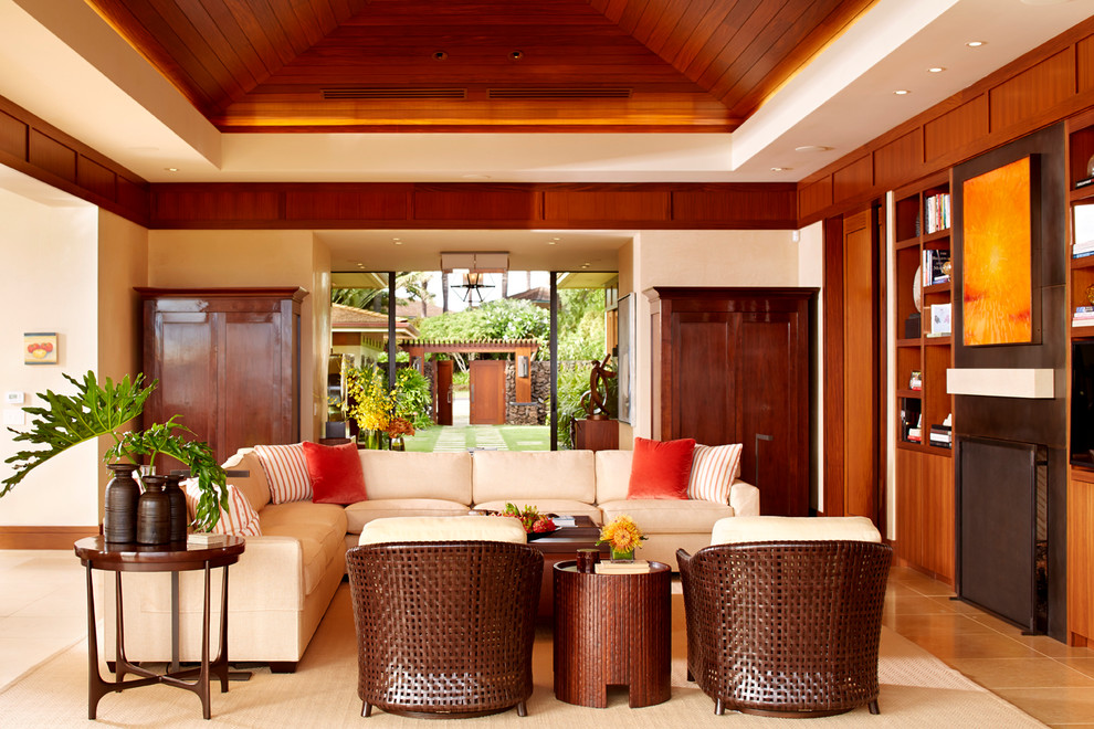 World-inspired formal open plan living room in Hawaii with white walls and a standard fireplace.
