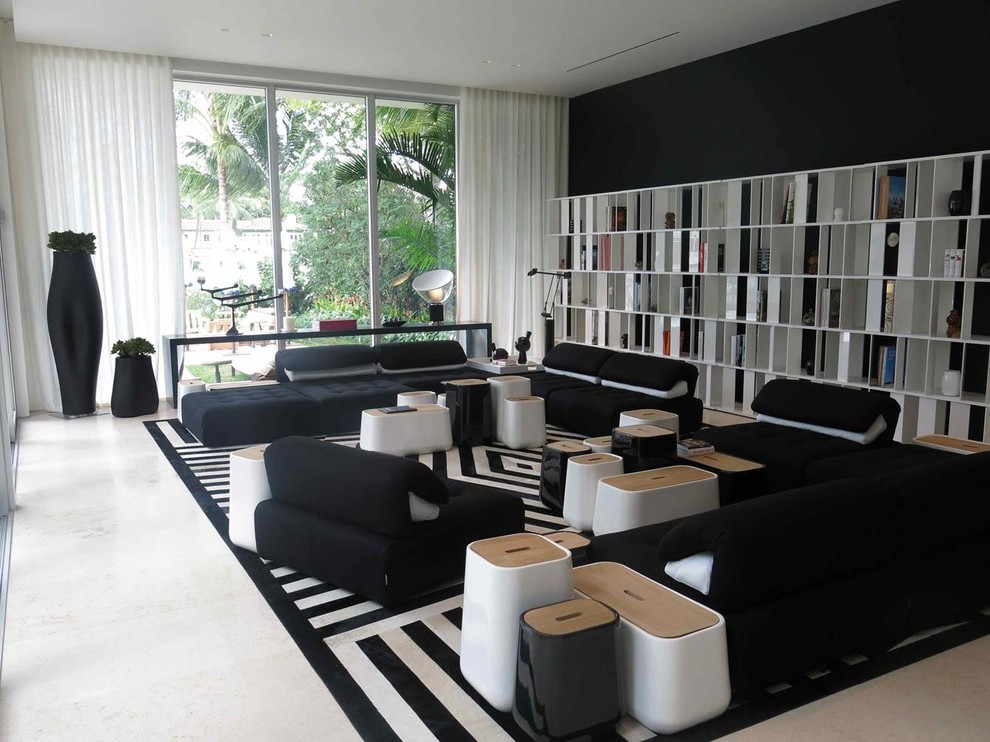Свежая идея для дизайна: большая открытая гостиная комната в стиле модернизм с мраморным полом - отличное фото интерьера