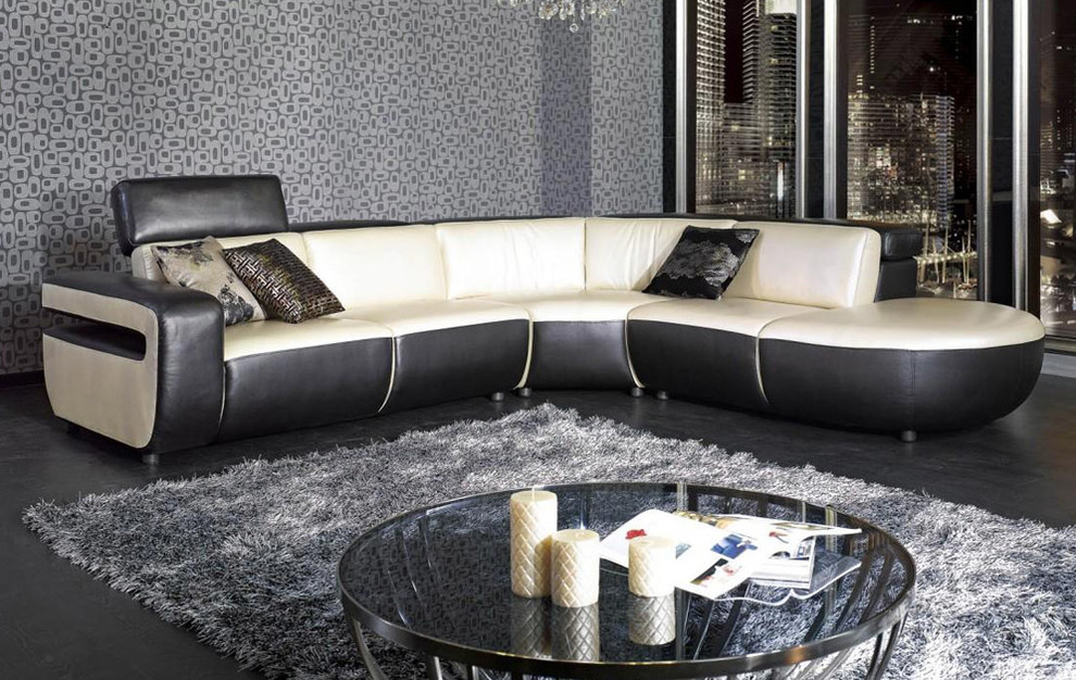 L Shape Sectional Sofa in Black and Shiny Beige Leather - Modern ...