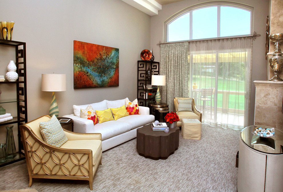 Design ideas for a medium sized contemporary formal enclosed living room in San Diego with grey walls and carpet.