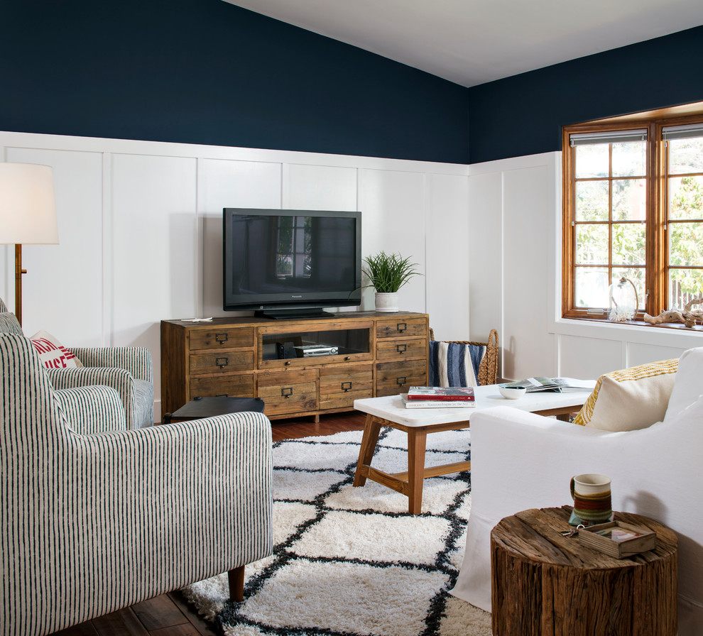 Offenes, Mittelgroßes Maritimes Wohnzimmer ohne Kamin mit blauer Wandfarbe, dunklem Holzboden und freistehendem TV in San Francisco