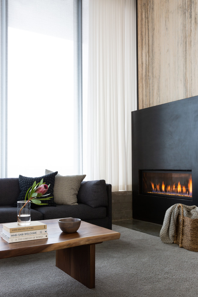 Cette image montre un salon minimaliste de taille moyenne avec sol en béton ciré et un manteau de cheminée en métal.
