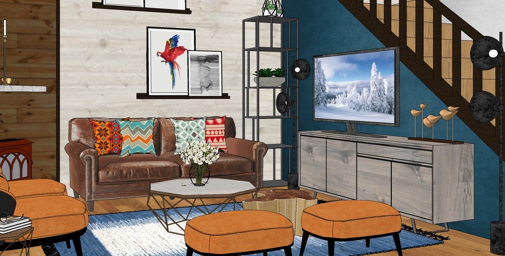 Immagine di un soggiorno eclettico di medie dimensioni e aperto con pavimento in legno massello medio, stufa a legna, cornice del camino in legno e TV autoportante