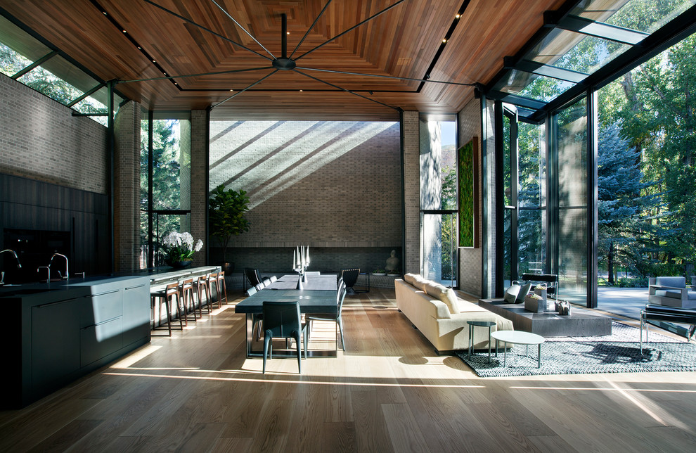 Offenes Modernes Wohnzimmer mit grauer Wandfarbe, hellem Holzboden und beigem Boden in Denver
