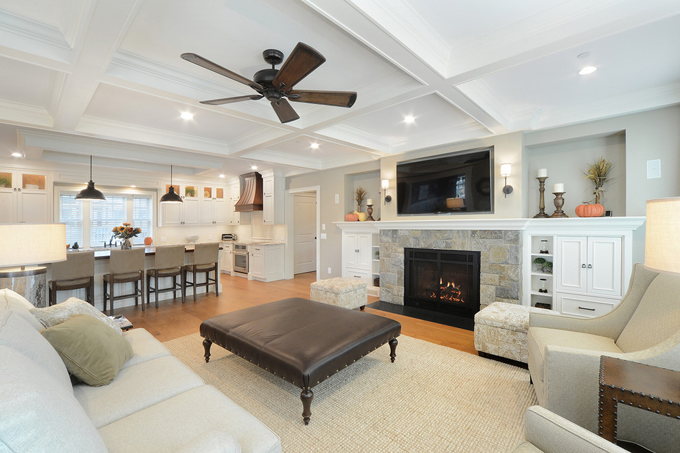 Mid-sized arts and crafts formal and open concept light wood floor and brown floor living room photo in Boston with beige walls, a standard fireplace, a tile fireplace and a wall-mounted tv