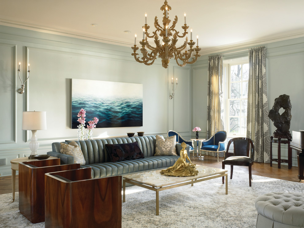 Transitional formal living room photo in Chicago with blue walls