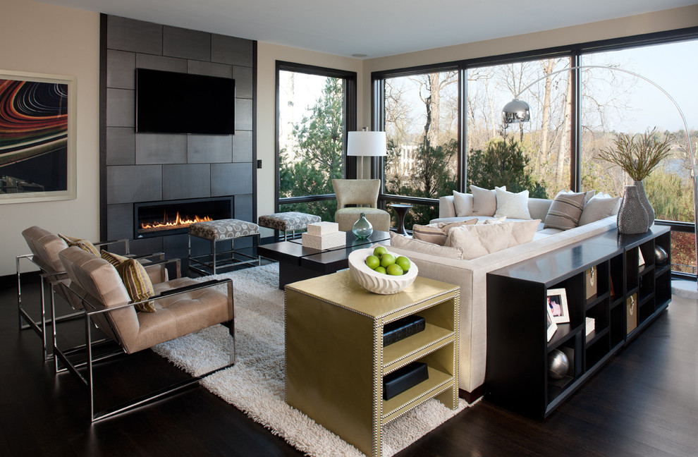 Large trendy living room photo in Detroit with a ribbon fireplace and a wall-mounted tv