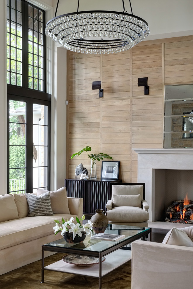 Inspiration for a timeless living room remodel in Milwaukee with white walls and a standard fireplace