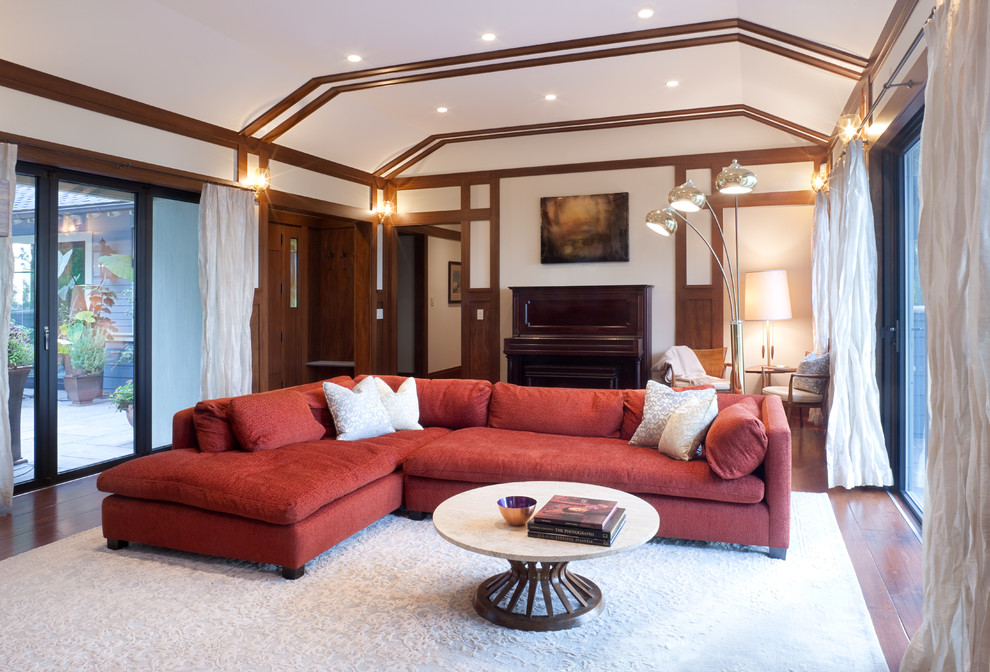 Large 1960s open concept medium tone wood floor living room photo in Chicago with beige walls, a two-sided fireplace and a tile fireplace