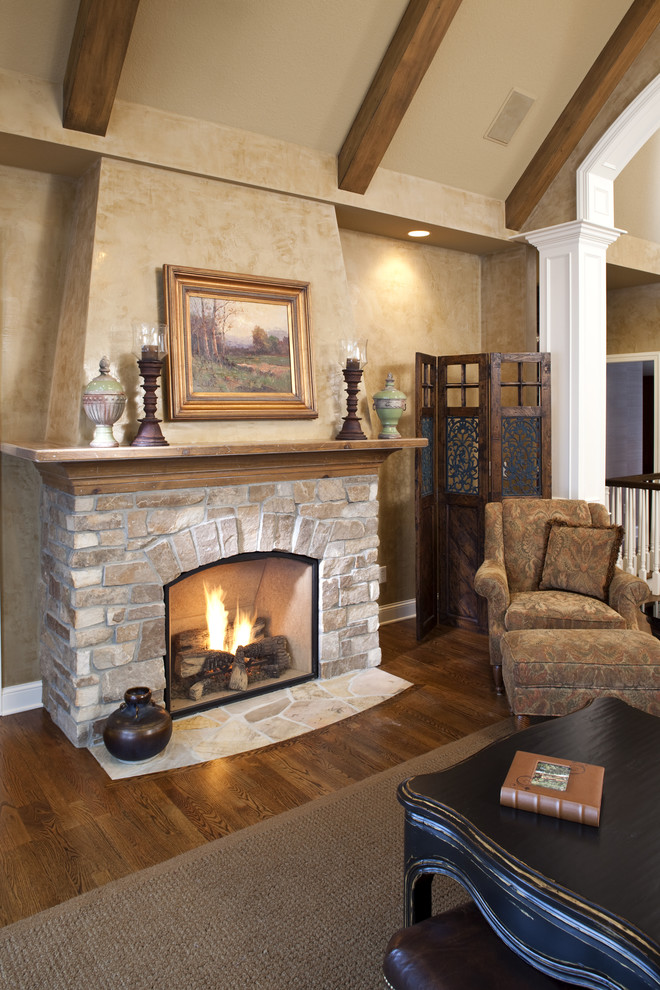 Inspiration pour un salon traditionnel avec un manteau de cheminée en pierre et une cheminée standard.