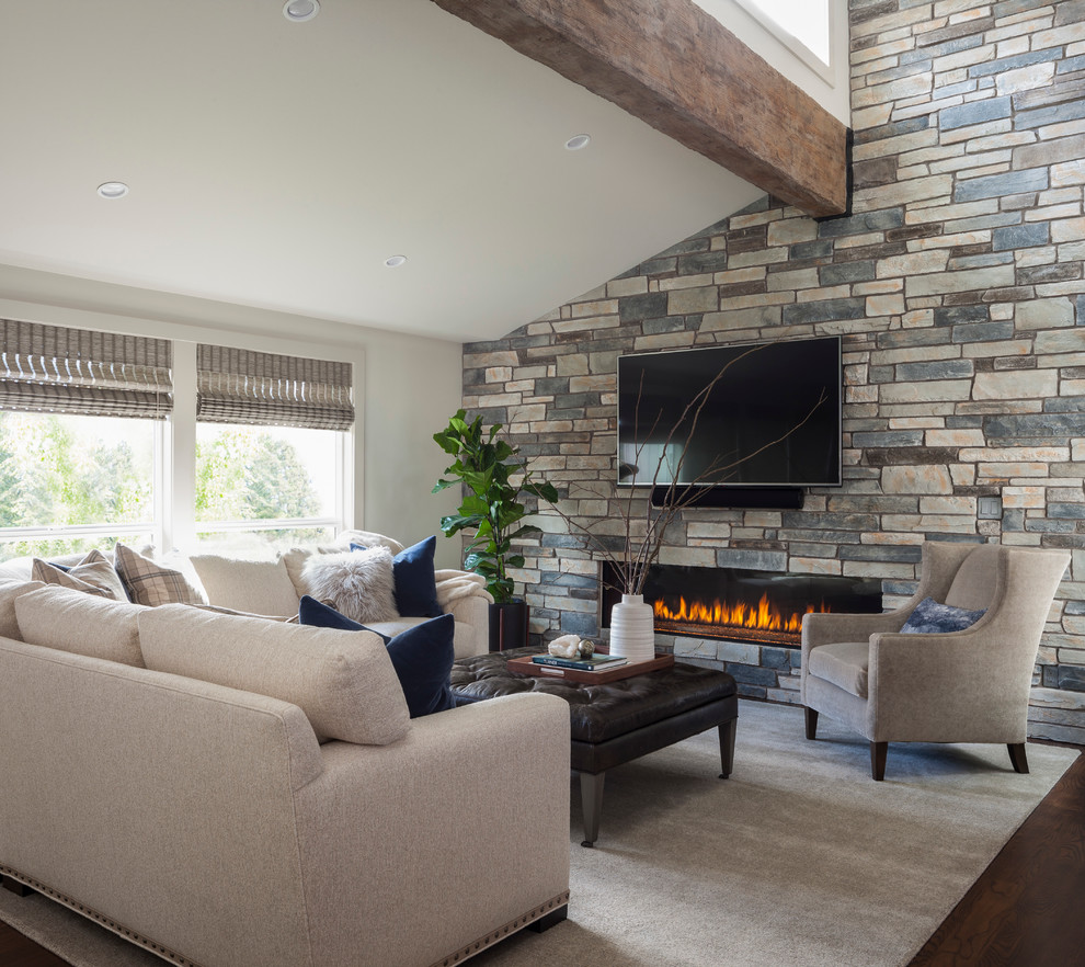 Huge mid-century modern open concept dark wood floor living room photo in Seattle with a bar, white walls, a wall-mounted tv, a standard fireplace and a brick fireplace