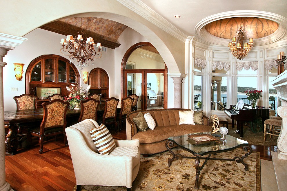 Ornate living room photo in Austin with a music area and beige walls