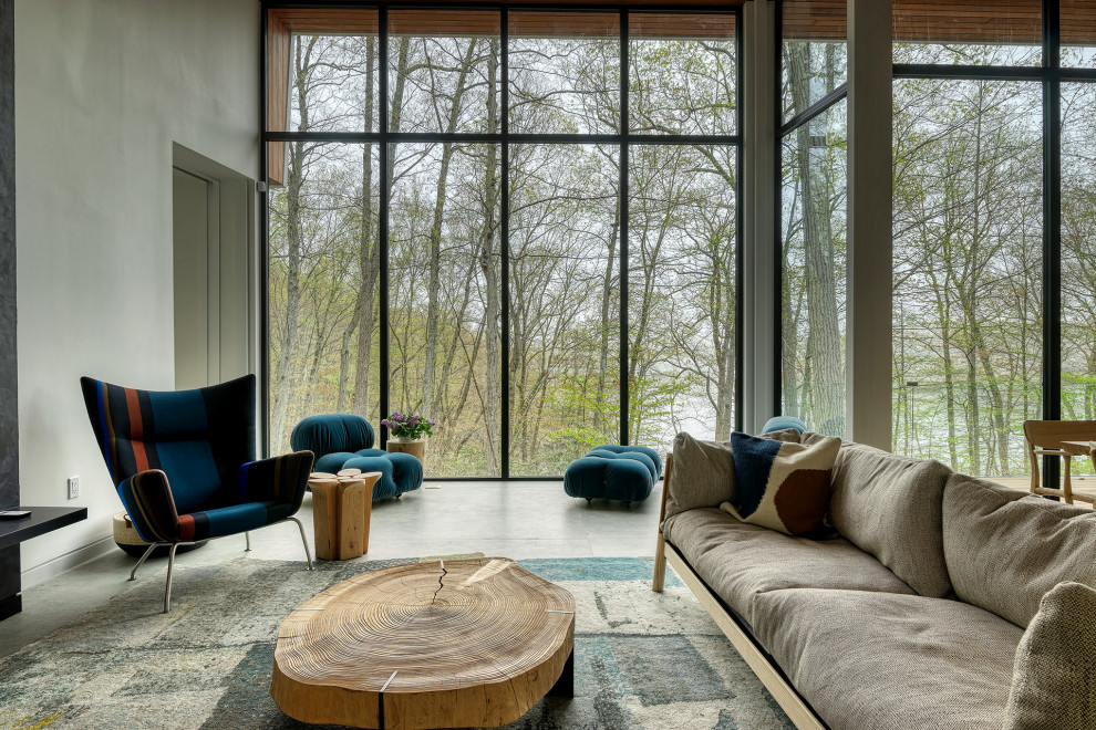 Idee per un grande soggiorno contemporaneo aperto con nessuna TV, pavimento grigio, pareti grigie e pavimento in cemento