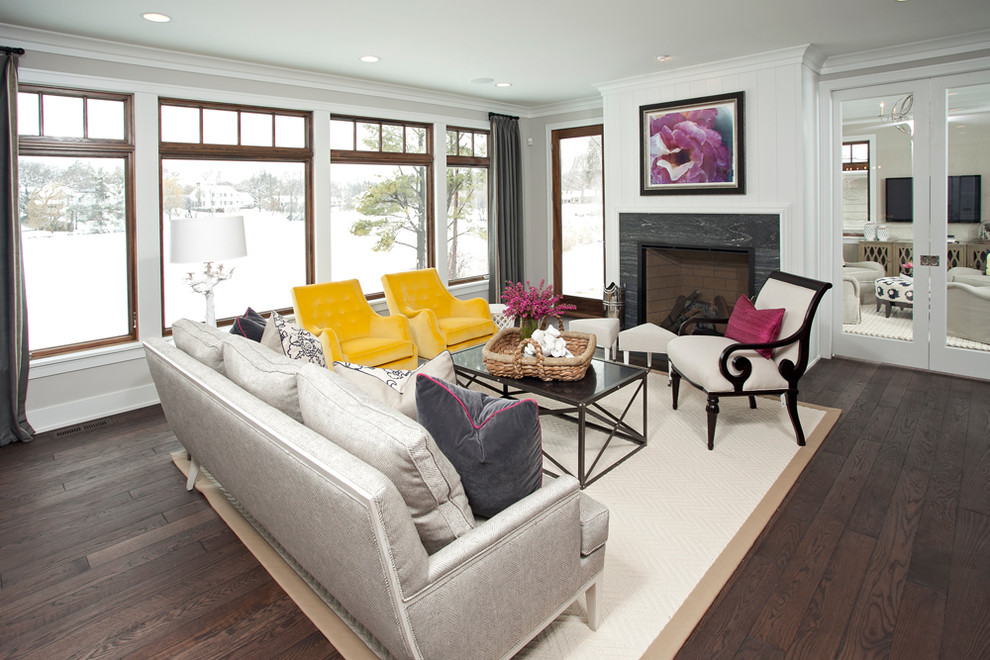 Example of a mid-sized transitional formal and enclosed dark wood floor living room design in Minneapolis with white walls, a standard fireplace and a tile fireplace