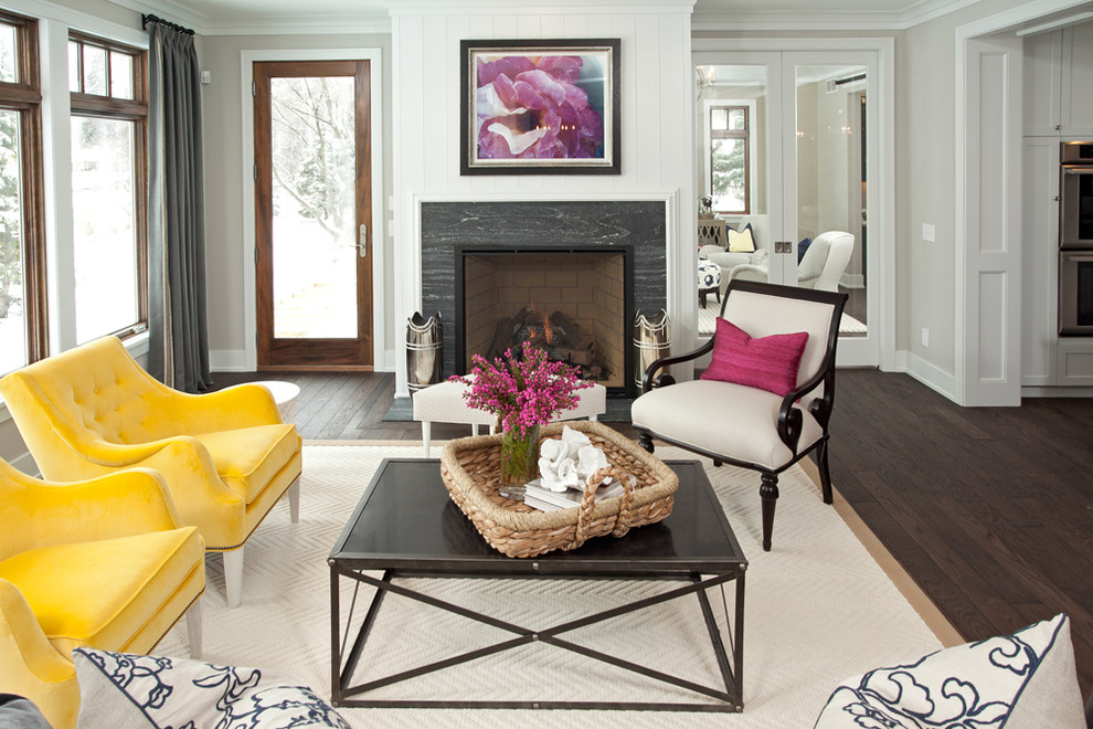 Inspiration for a mid-sized transitional formal and enclosed dark wood floor living room remodel in Minneapolis with white walls, a standard fireplace, a tile fireplace and no tv