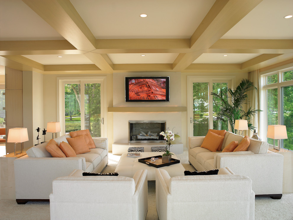Trendy formal carpeted living room photo in Cleveland with a wall-mounted tv