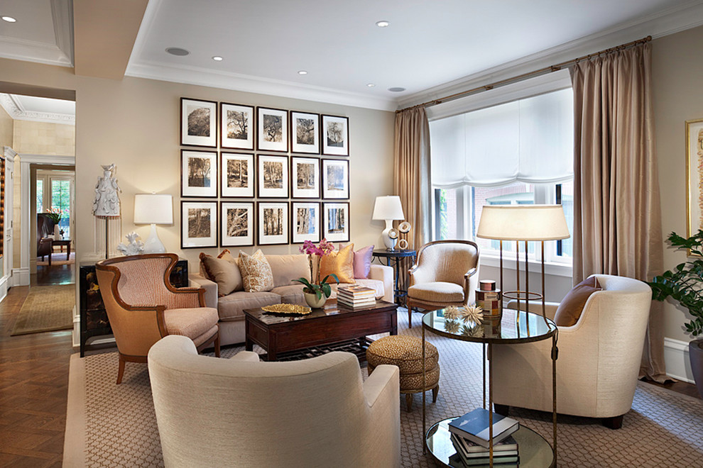Inspiration for a timeless medium tone wood floor living room remodel in Chicago with beige walls