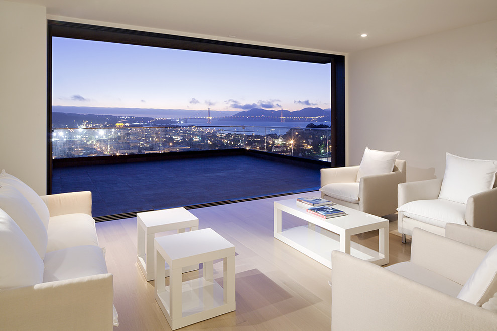 Modern living room in San Francisco with white walls.