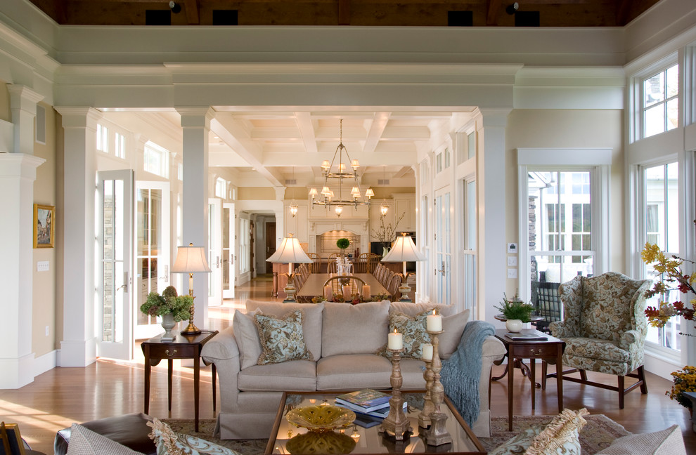 Inspiration for a timeless formal and open concept light wood floor living room remodel in Richmond with beige walls
