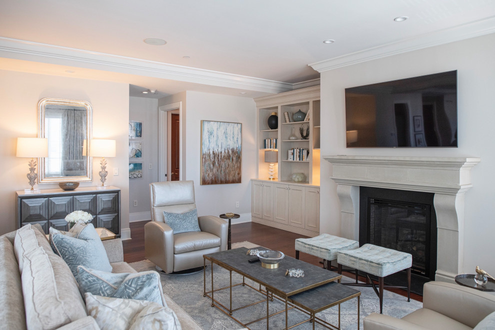 Inspiration for a mid-sized transitional formal and open concept dark wood floor and brown floor living room remodel in Charleston with beige walls, a standard fireplace, a concrete fireplace and a wall-mounted tv
