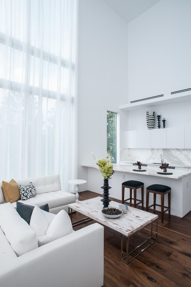 Offenes Modernes Wohnzimmer mit weißer Wandfarbe und dunklem Holzboden in Miami