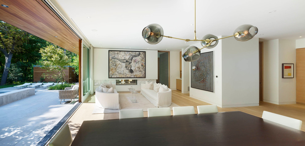 Großes, Repräsentatives, Fernseherloses, Offenes Modernes Wohnzimmer mit weißer Wandfarbe, hellem Holzboden, Gaskamin und Kaminumrandung aus Stein in Toronto