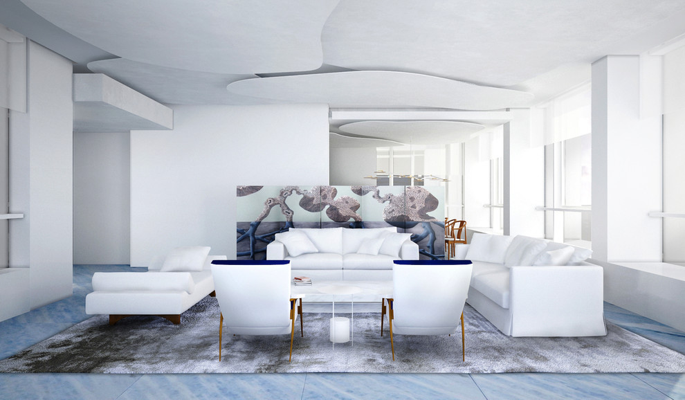 Immagine di un ampio soggiorno stile americano aperto con sala formale, pareti bianche e pavimento in marmo