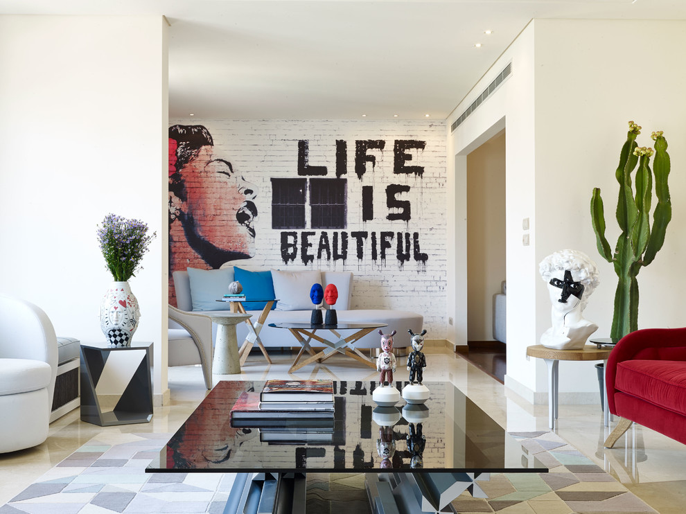 Foto di un soggiorno design aperto con sala formale e pareti bianche