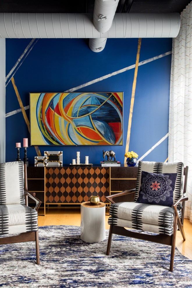 Inspiration for a mid-sized eclectic formal and open concept medium tone wood floor, beige floor and exposed beam living room remodel in Boston with no fireplace, no tv and blue walls