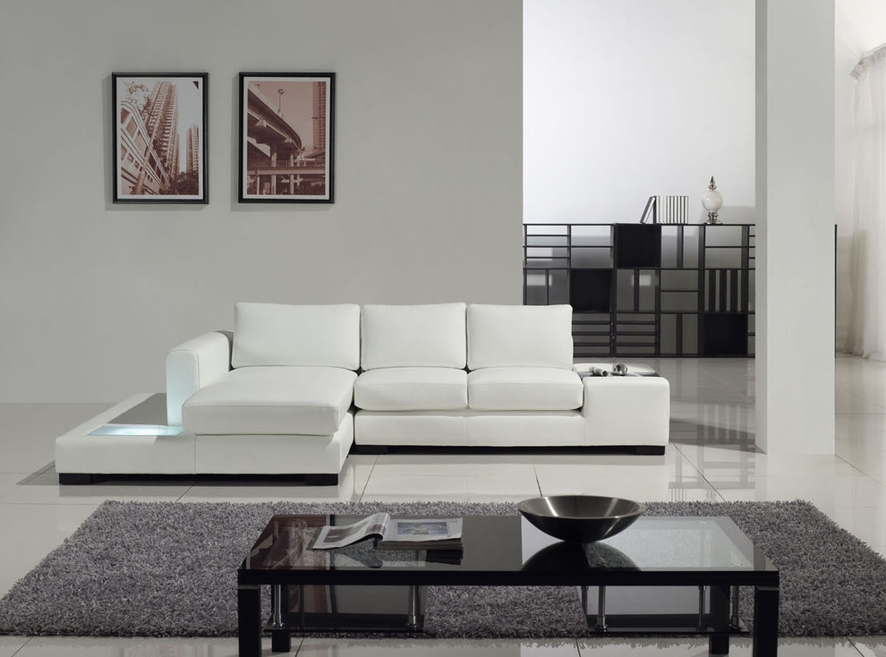 Example of a small minimalist ceramic tile living room design in Los Angeles with gray walls
