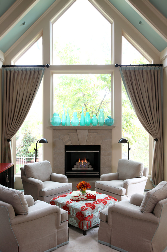 Living room - mid-sized traditional open concept carpeted and beige floor living room idea in Little Rock with a standard fireplace, beige walls and a stone fireplace