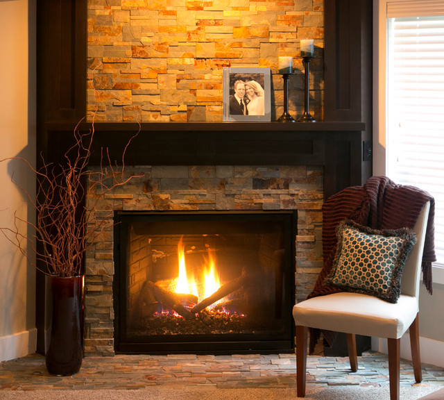Ledgestone Fireplace Transitional Living Room Detroit by