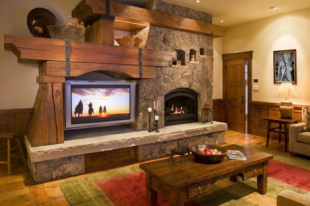 Living room - rustic living room idea in Denver