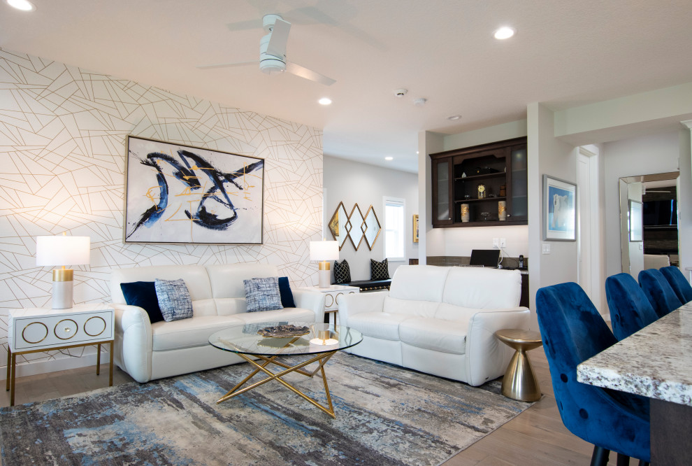 Свежая идея для дизайна: парадная, открытая гостиная комната среднего размера в современном стиле с серыми стенами, разноцветным полом и обоями на стенах - отличное фото интерьера