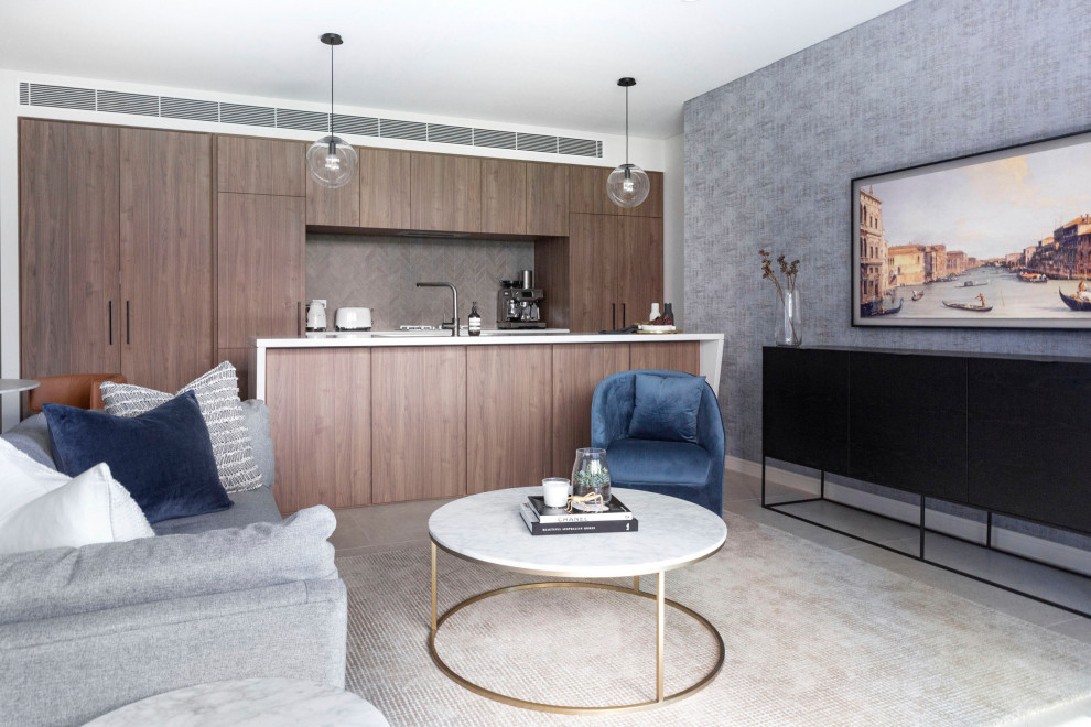 This is an example of a contemporary formal open plan living room in Sydney with white walls, no fireplace, no tv, grey floors and wallpapered walls.