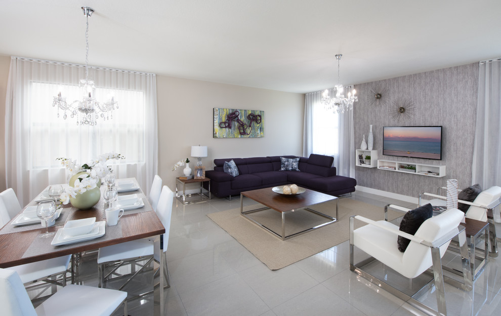 Large classic open plan living room in Miami with multi-coloured walls, no fireplace and a wall mounted tv.