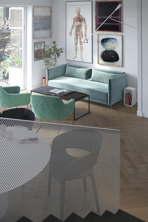 Diseño de salón escandinavo pequeño con paredes blancas, suelo de baldosas de terracota, estufa de leña, marco de chimenea de metal, pared multimedia y suelo marrón