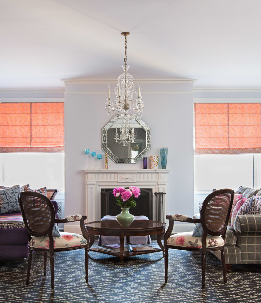 Mid-sized eclectic multicolored floor living room photo in New York with white walls and a standard fireplace