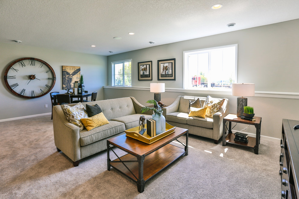 This is an example of a medium sized contemporary open plan living room in Minneapolis with grey walls and carpet.