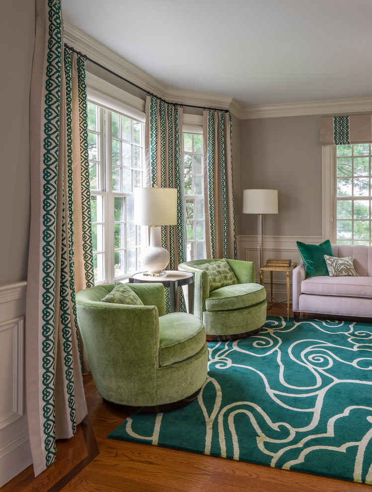 Photo of a medium sized traditional formal and grey and teal enclosed living room in Boston with grey walls, medium hardwood flooring, no tv, green floors and no fireplace.