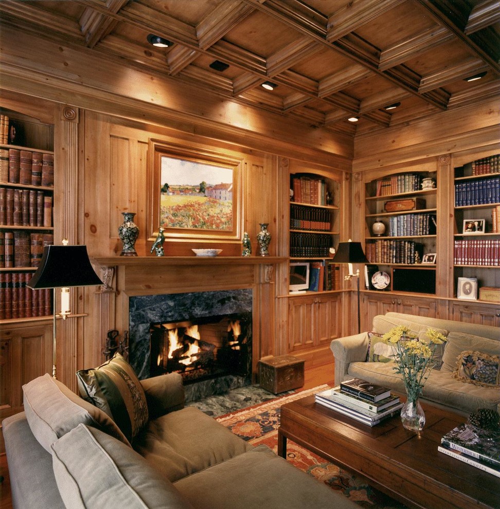 Aménagement d'un salon classique avec une bibliothèque ou un coin lecture, une cheminée standard et éclairage.